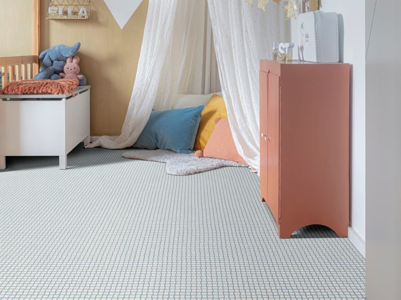 PVC Bodenbelag Vinylboden in blau weissem Mosaik