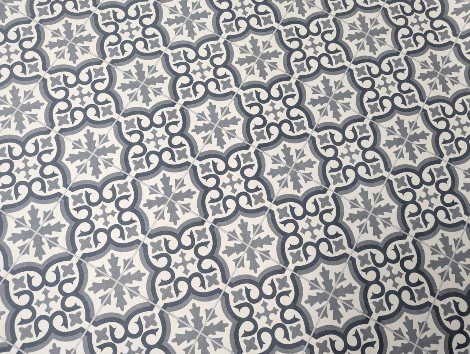 Sol en PVC, sol en vinyle au motif de carrelage vintage – Motif ornemental intemporel noir et blanc
