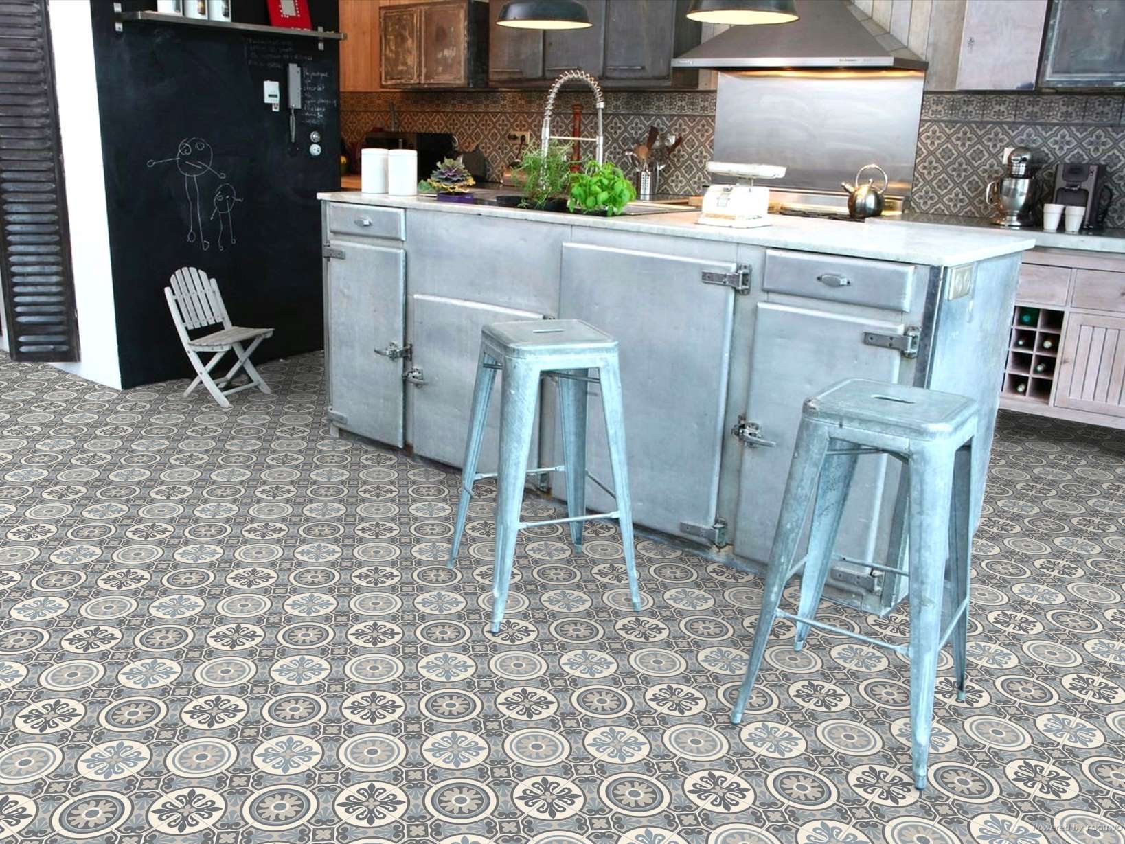 PVC floor vinyl flooring in vintage tile pattern - retro ornament blue grey