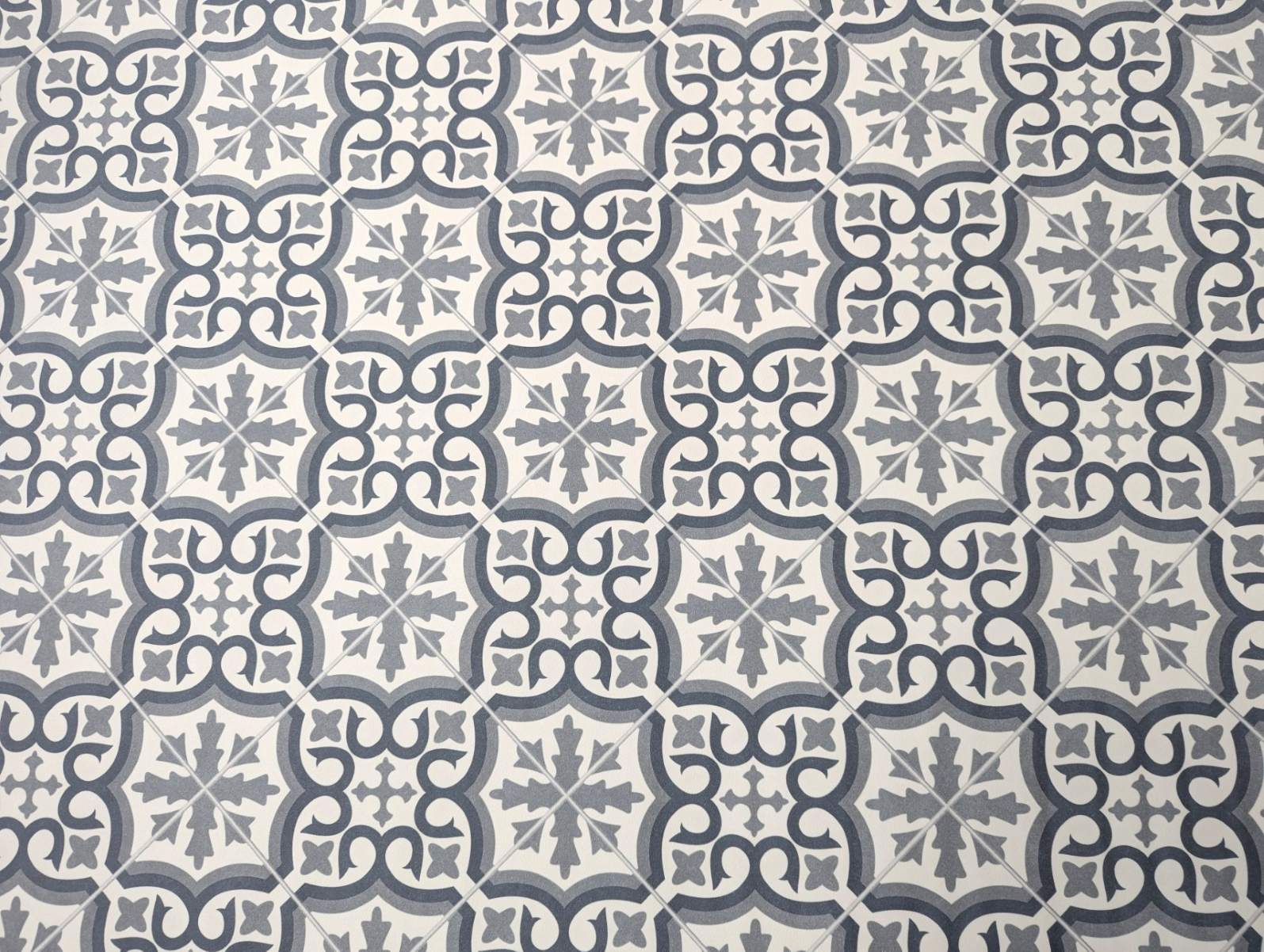 Sol en PVC, sol en vinyle au motif de carrelage vintage – Motif ornemental intemporel noir et blanc