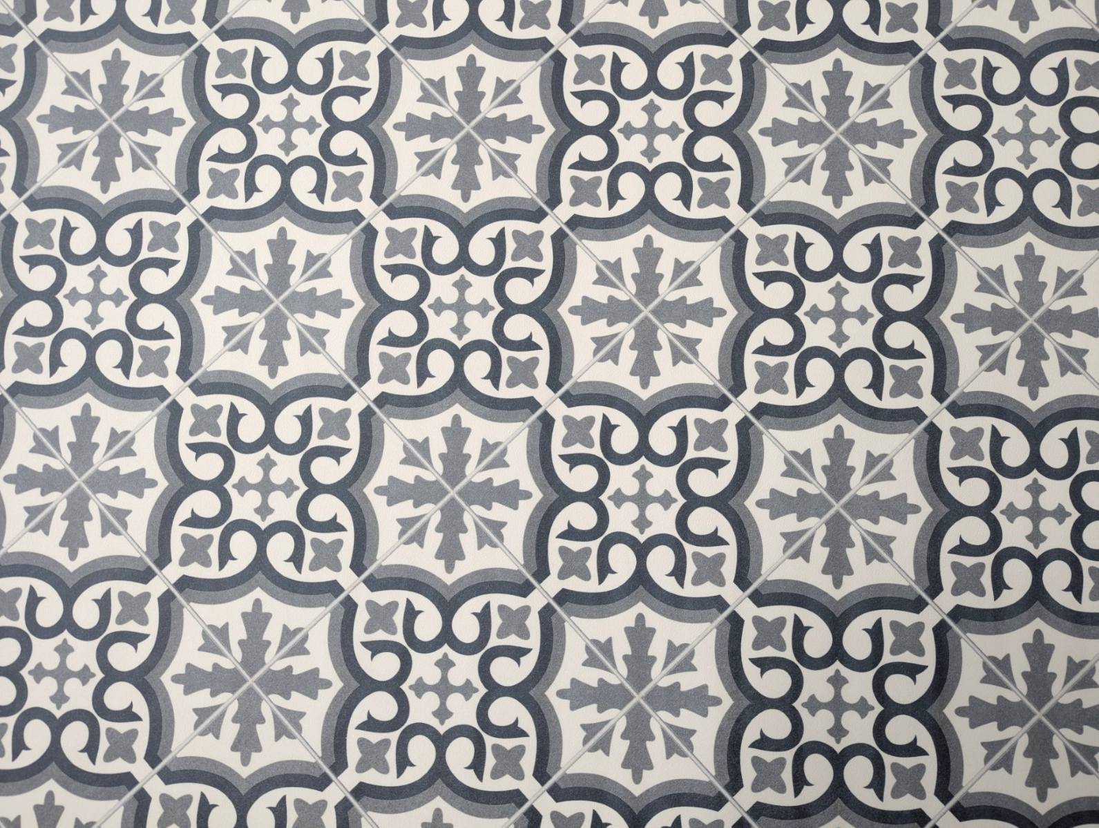Sol en PVC, sol en vinyle au motif de carrelage vintage – Motif ornemental intemporel noir et blanc