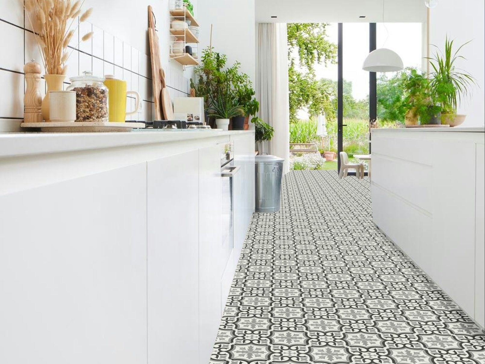 Sol en PVC, sol en vinyle au motif de carrelage vintage – Motif ornemental intemporel noir et blanc