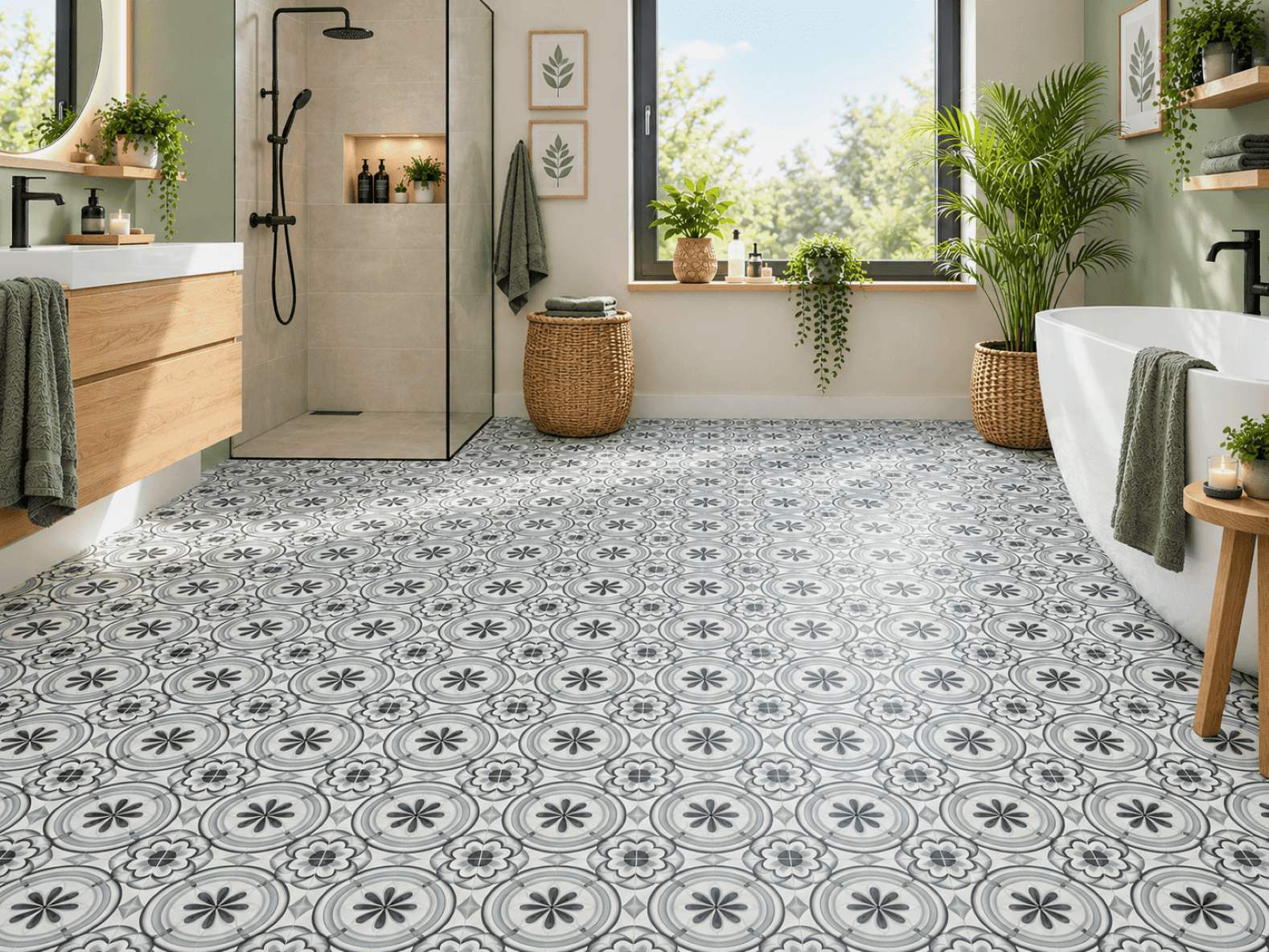 PVC-vloerbedekking: vinylvloer met ornamentpatroon in retro-tegelstijl